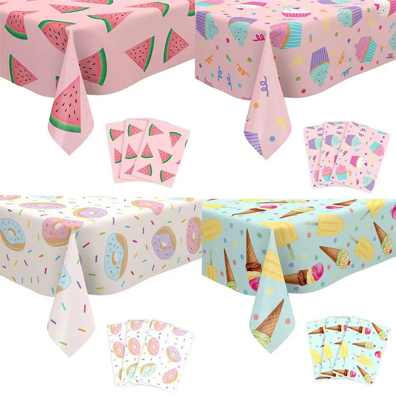 Ice Cream Theme Disposable Tablecloth Happy Birthday Party Decoration For Home Summer Wedding Birthday Baby Shower Decor