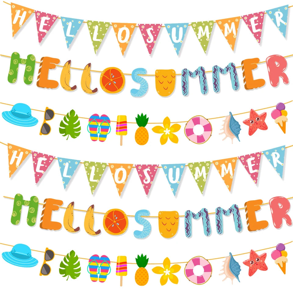 Hello Summer Banner Sun Popsicle slippers Pattern Bunting Garland Hawaiian Tropical Beach Pool Birthday Party Hanging decoration