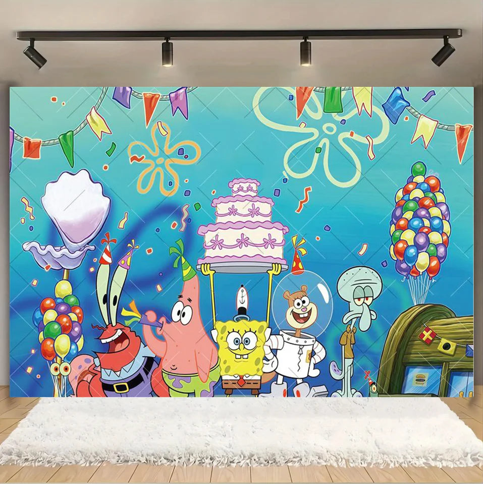 SpongeBob Party Backdrop Happy Birthday Banner Background Photography for Cake Table Decoration Photo Booth Props Baby Shower