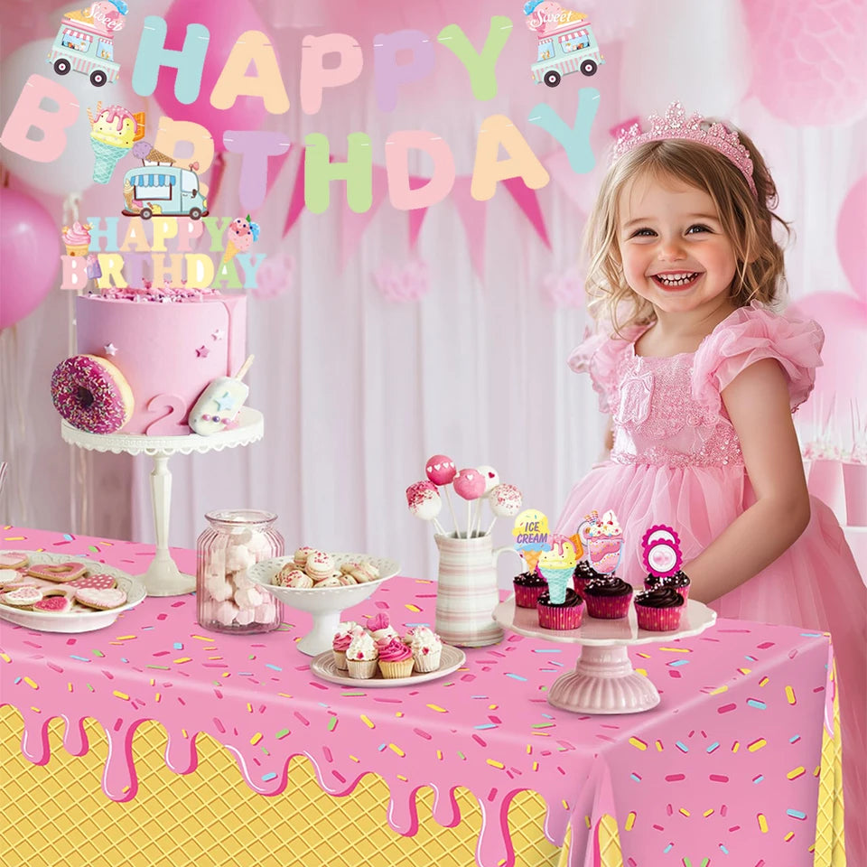 Ice Cream Party Decorations Plates Napkins Banner Cups Tablecloth for Kids Girls Ice Cream Theme Birthday Summer Party Supplies