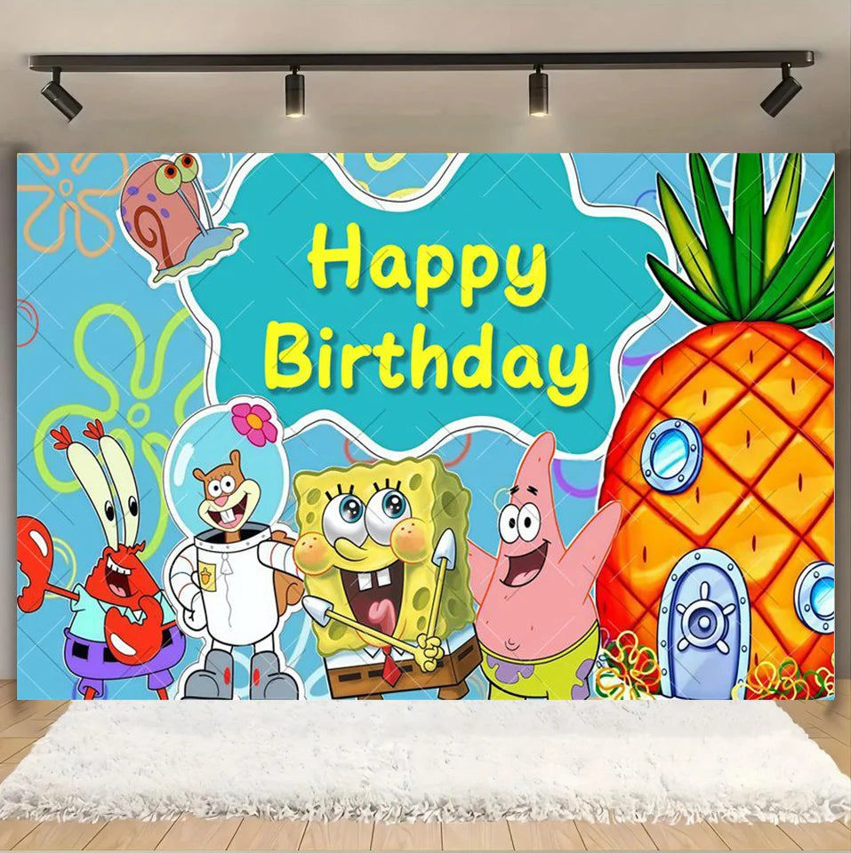 SpongeBob Party Backdrop Happy Birthday Banner Background Photography for Cake Table Decoration Photo Booth Props Baby Shower