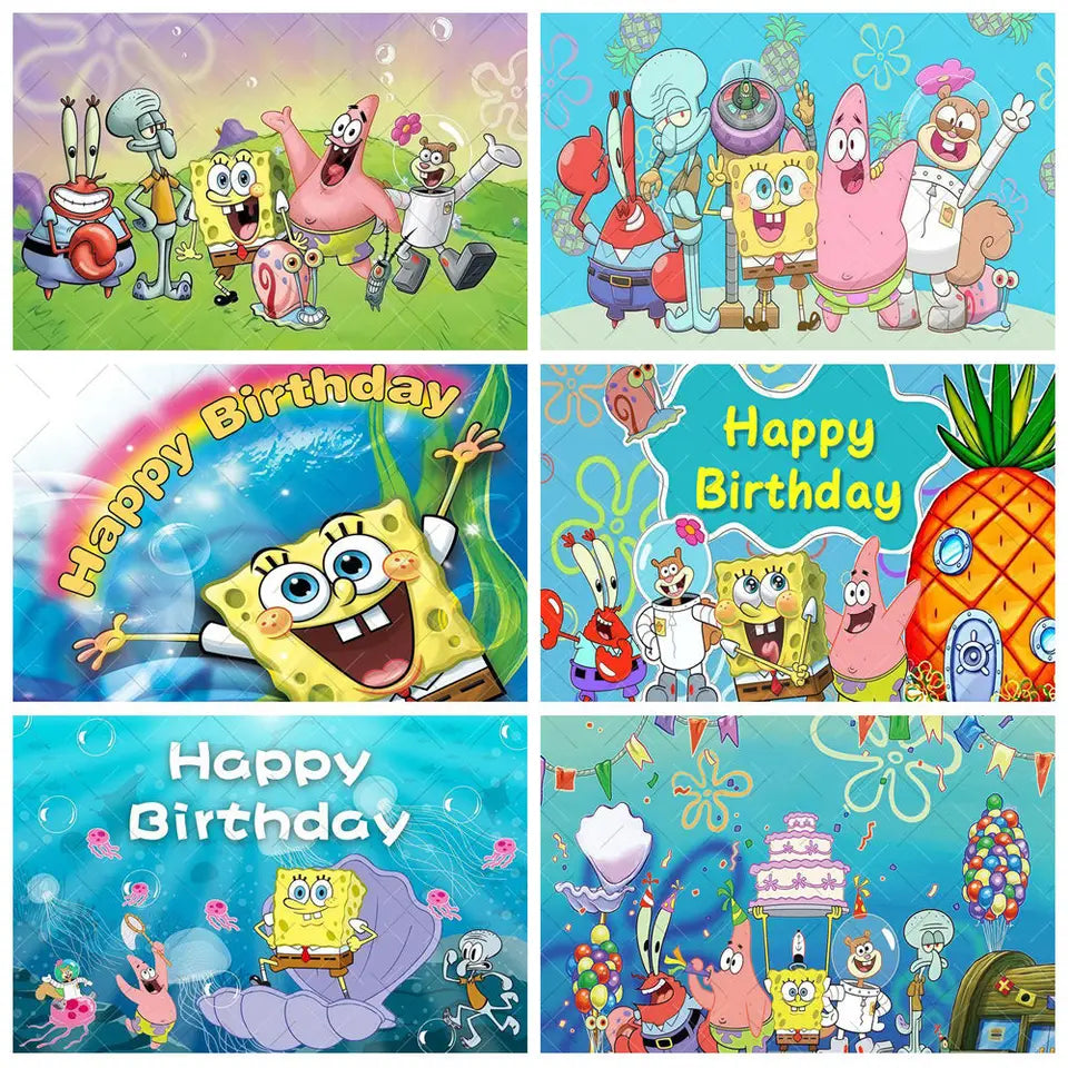 SpongeBob Party Backdrop Happy Birthday Banner Background Photography for Cake Table Decoration Photo Booth Props Baby Shower