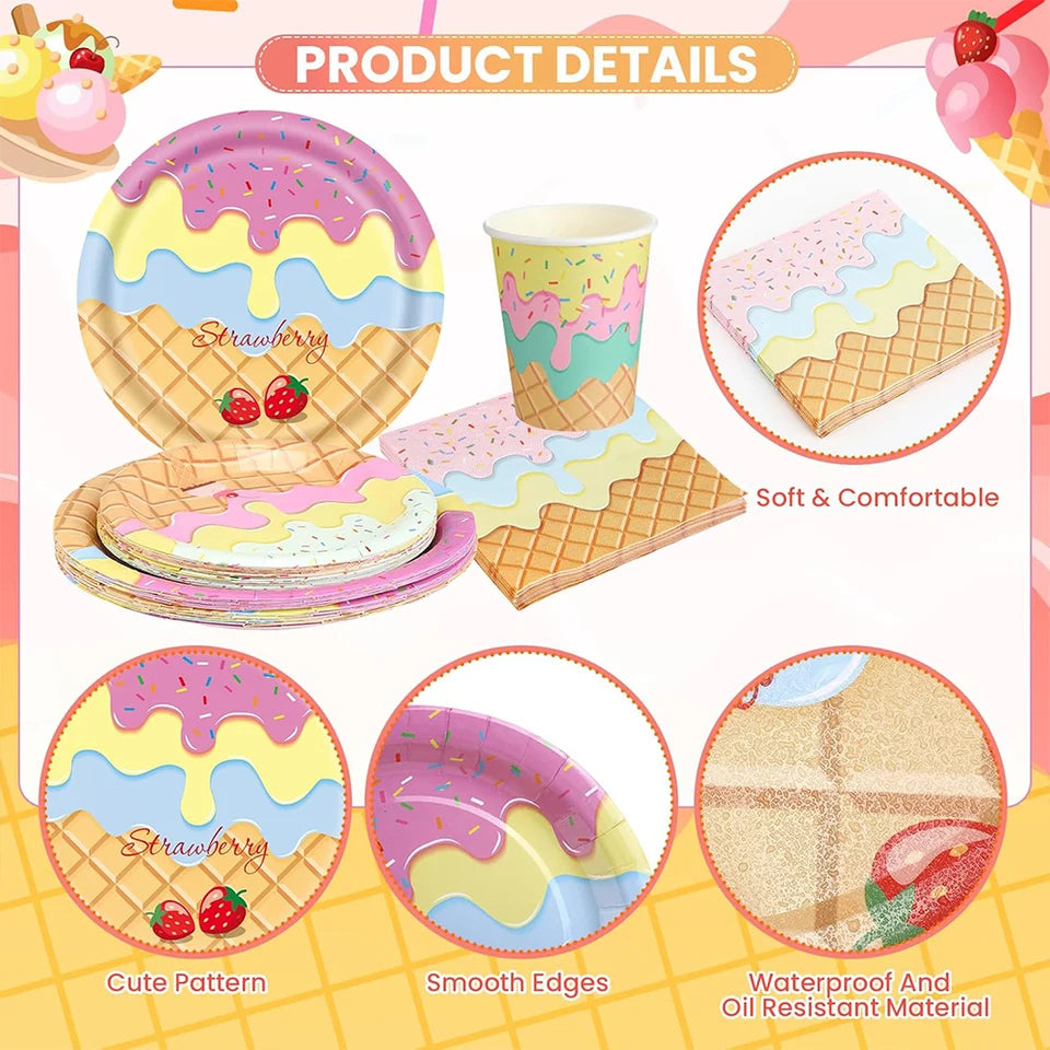 Ice Cream Party Decorations Plates Napkins Banner Cups Tablecloth for Kids Girls Ice Cream Theme Birthday Summer Party Supplies