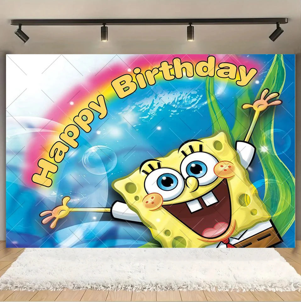 SpongeBob Party Backdrop Happy Birthday Banner Background Photography for Cake Table Decoration Photo Booth Props Baby Shower