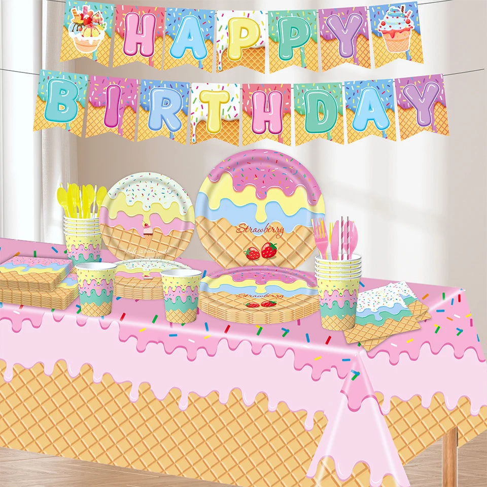 Ice Cream Party Decorations Plates Napkins Banner Cups Tablecloth for Kids Girls Ice Cream Theme Birthday Summer Party Supplies