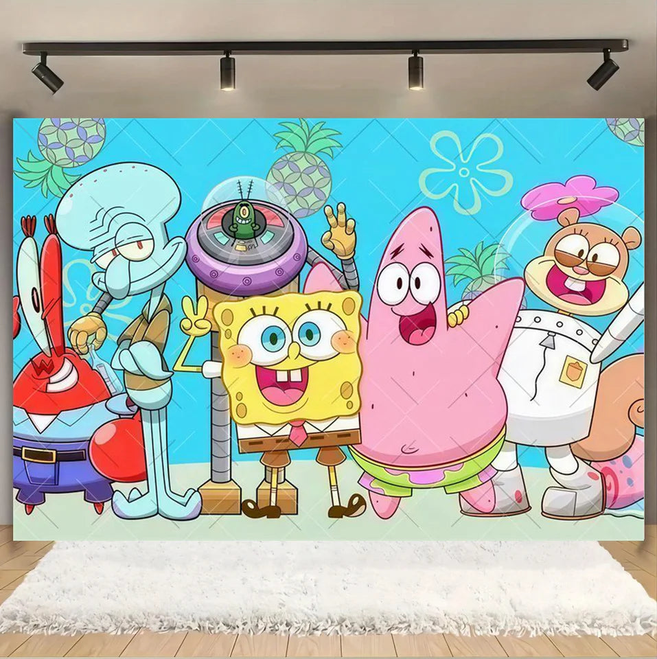SpongeBob Party Backdrop Happy Birthday Banner Background Photography for Cake Table Decoration Photo Booth Props Baby Shower