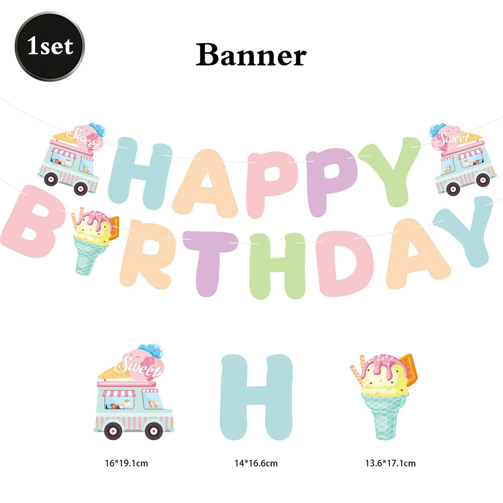 Ice Cream Party Decorations Plates Napkins Banner Cups Tablecloth for Kids Girls Ice Cream Theme Birthday Summer Party Supplies