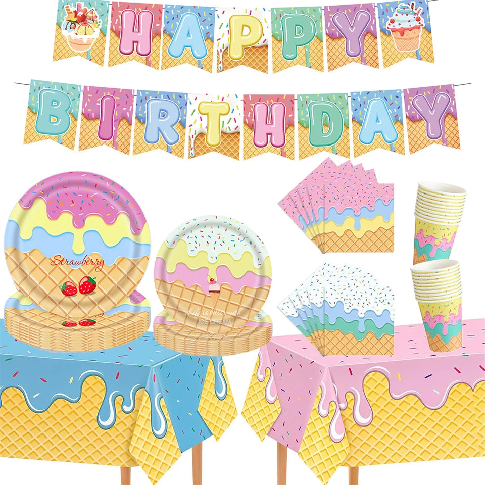 Ice Cream Party Decorations Plates Napkins Banner Cups Tablecloth for Kids Girls Ice Cream Theme Birthday Summer Party Supplies
