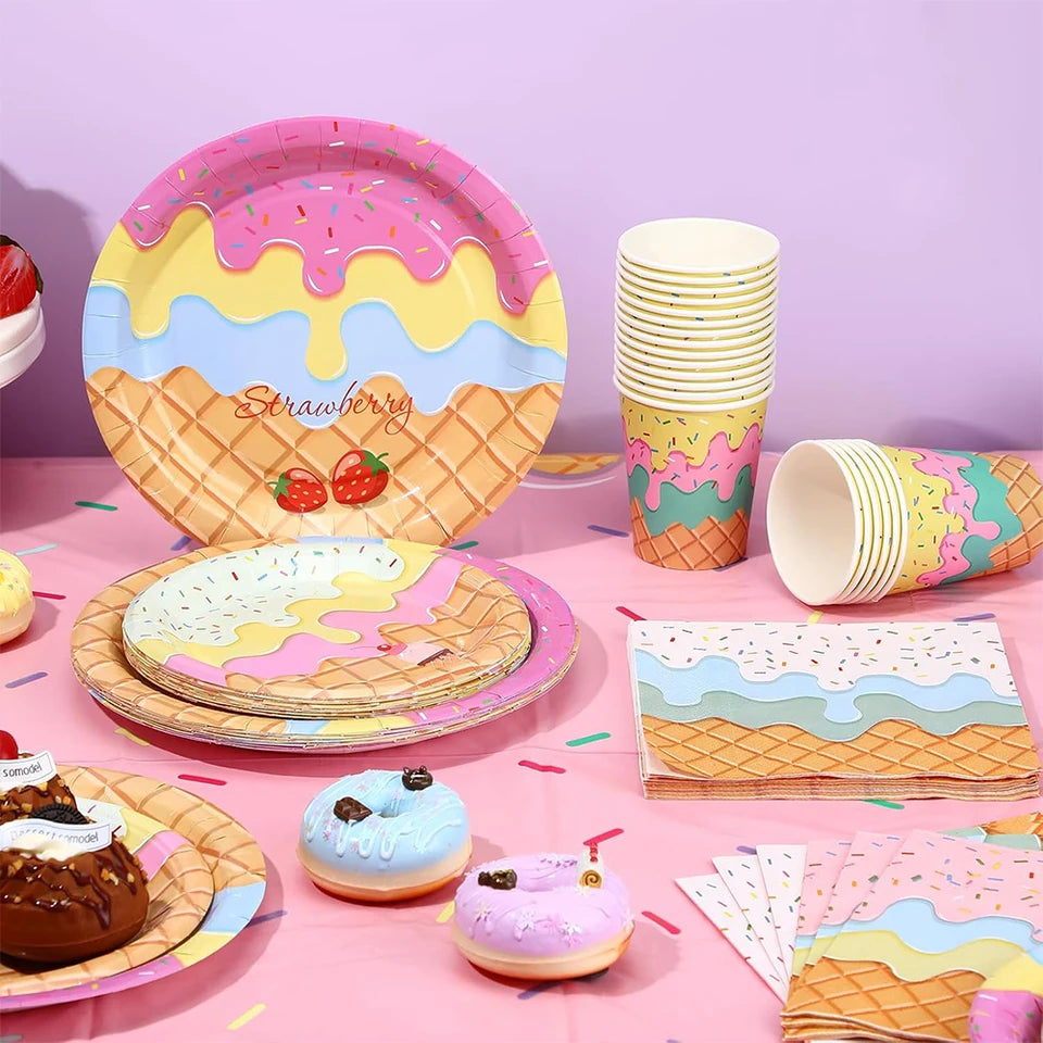 Ice Cream Party Decorations Plates Napkins Banner Cups Tablecloth for Kids Girls Ice Cream Theme Birthday Summer Party Supplies