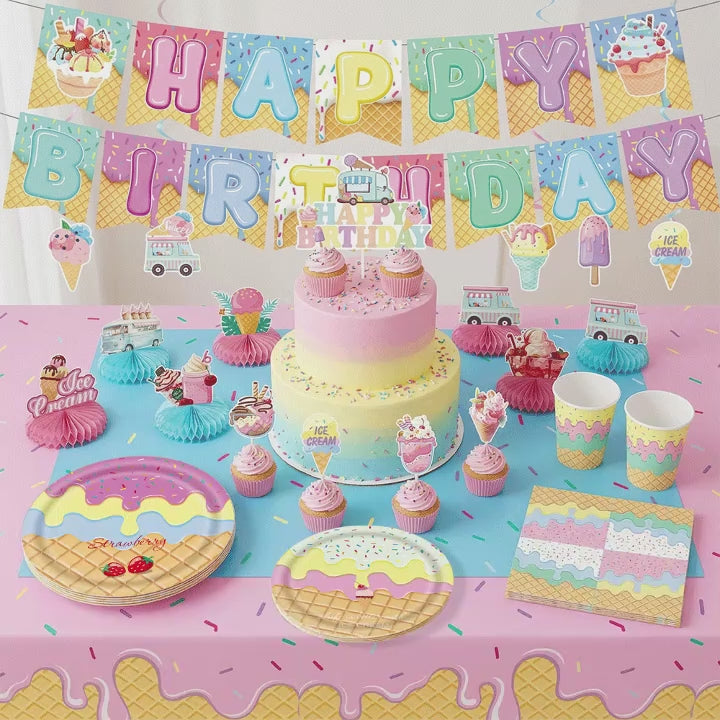 Ice Cream Party Decorations Plates Napkins Banner Cups Tablecloth for Kids Girls Ice Cream Theme Birthday Summer Party Supplies